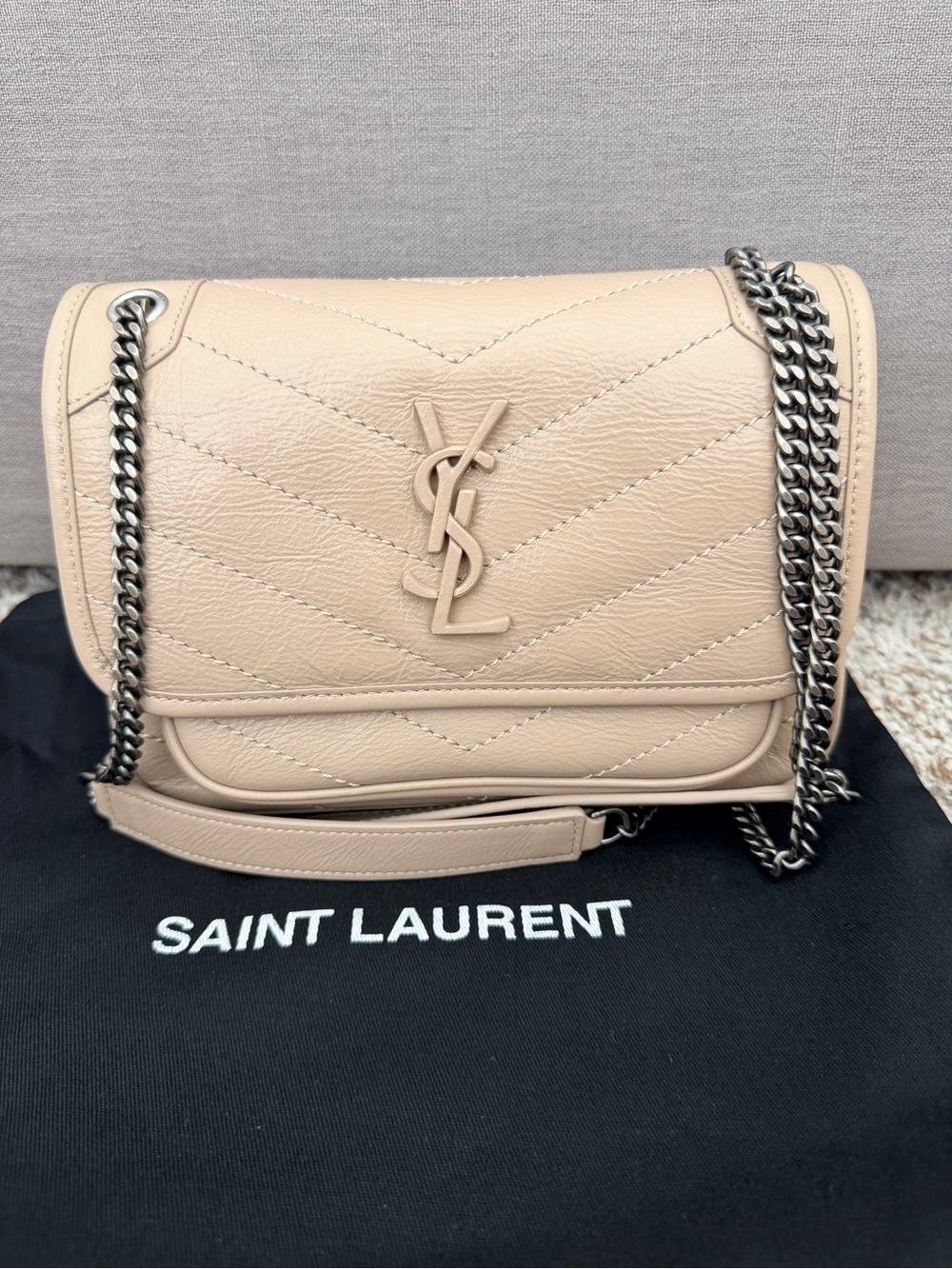 Saint Laurent Nude Niki Baby Quilted Leather Chain Shoulder Bag